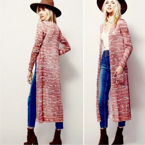 🌟NEW Free People Rust Orange Silky Ribbed Ikat Aztec Duster Cardigan Size Small - Picture 12 of 12